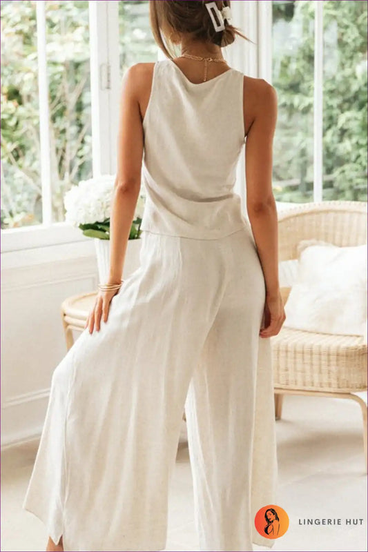 Drawstring Crop Top and Wide Leg Trouser Set - Relaxed Summer Ease for Casual, co Ord, Crop, Everyday,