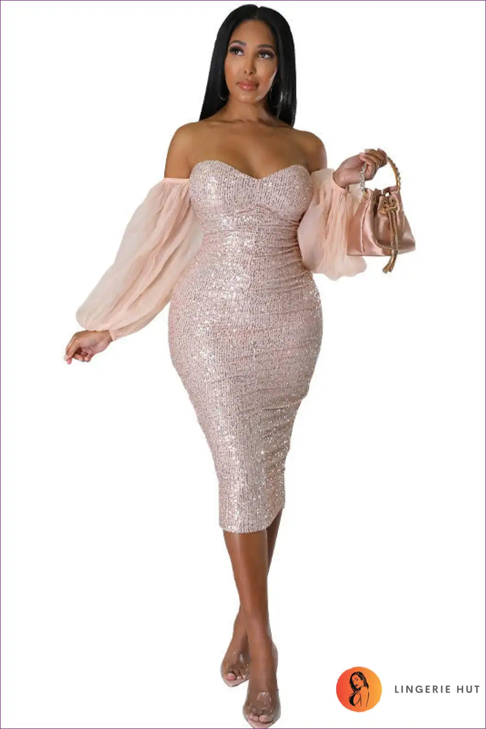 Dress with Balloon Sleeves - Vintage Glamour for Autumn, Cutout, Dress, Evening Wear, Formal Wear