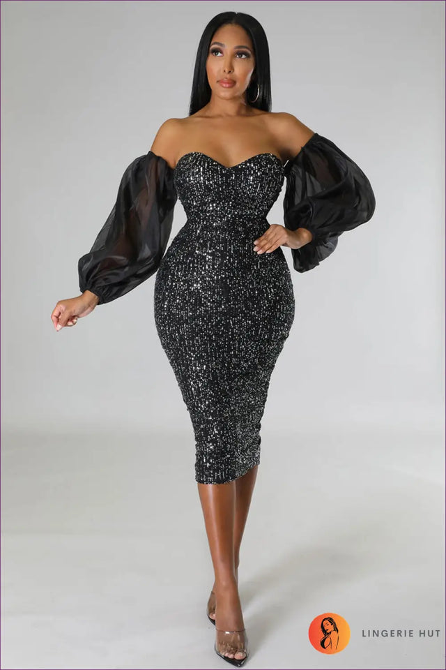 Sequin Midi Dress with Balloon Sleeves - Understated Glamour