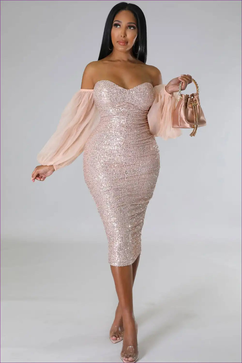 Dress with Balloon Sleeves - Vintage Glamour for Autumn, Cutout, Dress, Evening Wear, Formal Wear