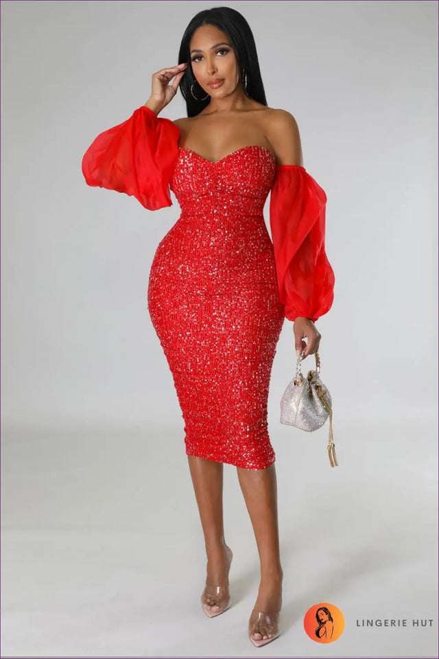 Sequin Midi Dress with Balloon Sleeves - Understated Glamour