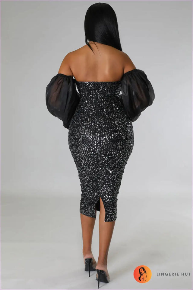 Sequin Midi Dress with Balloon Sleeves - Understated Glamour