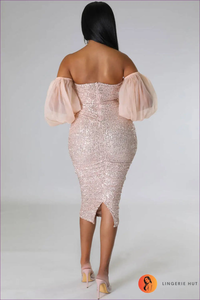 Sequin Midi Dress with Balloon Sleeves - Understated Glamour
