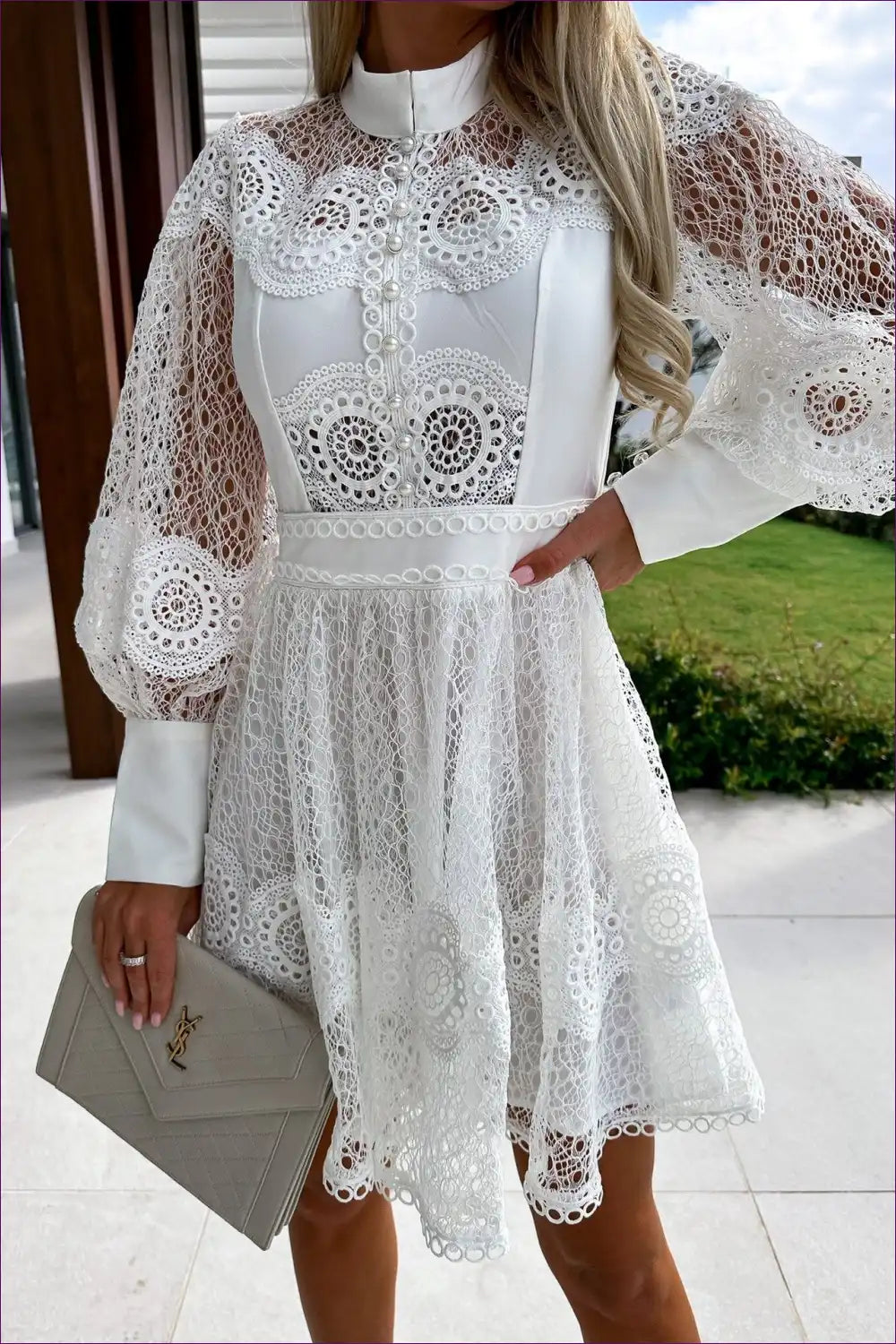 Dress with Eyelet Lace Sleeves - Garden Party Grace for A-line, All Season, Boho, Casual, Cotton