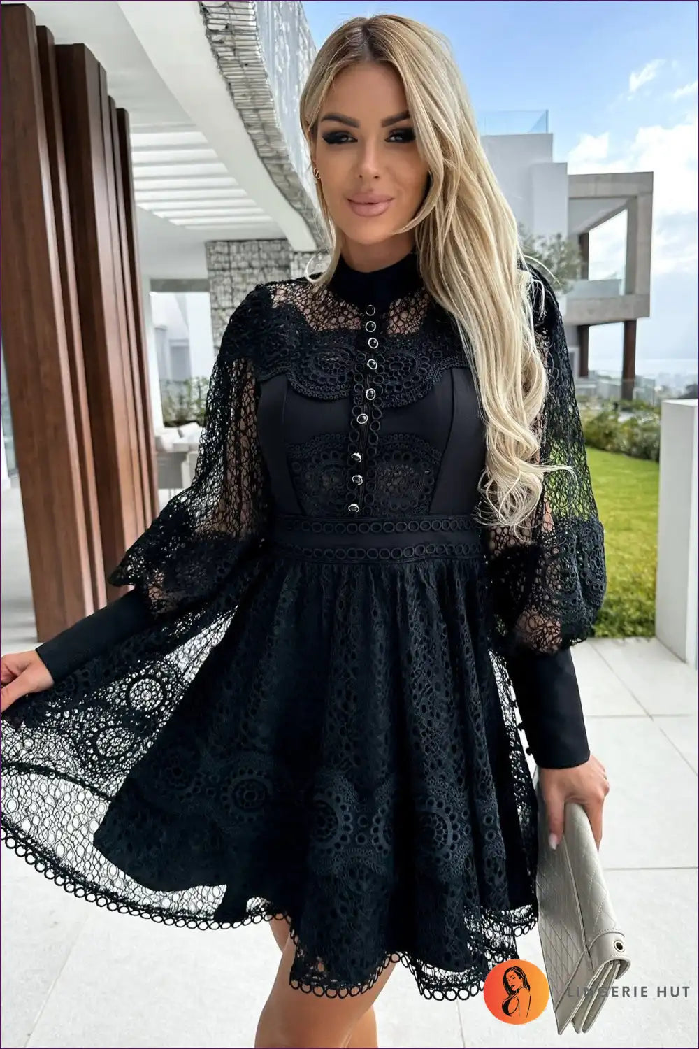Dress with Eyelet Lace Sleeves - Garden Party Grace for A-line, All Season, Boho, Casual, Cotton