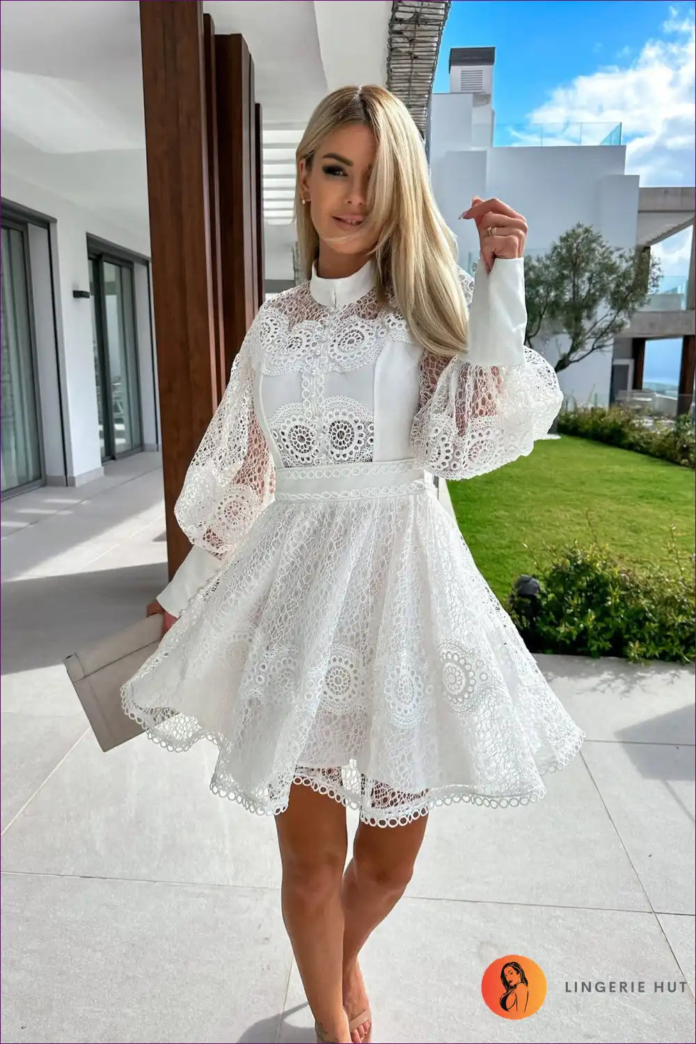 Dress with Eyelet Lace Sleeves - Garden Party Grace for A-line, All Season, Boho, Casual, Cotton