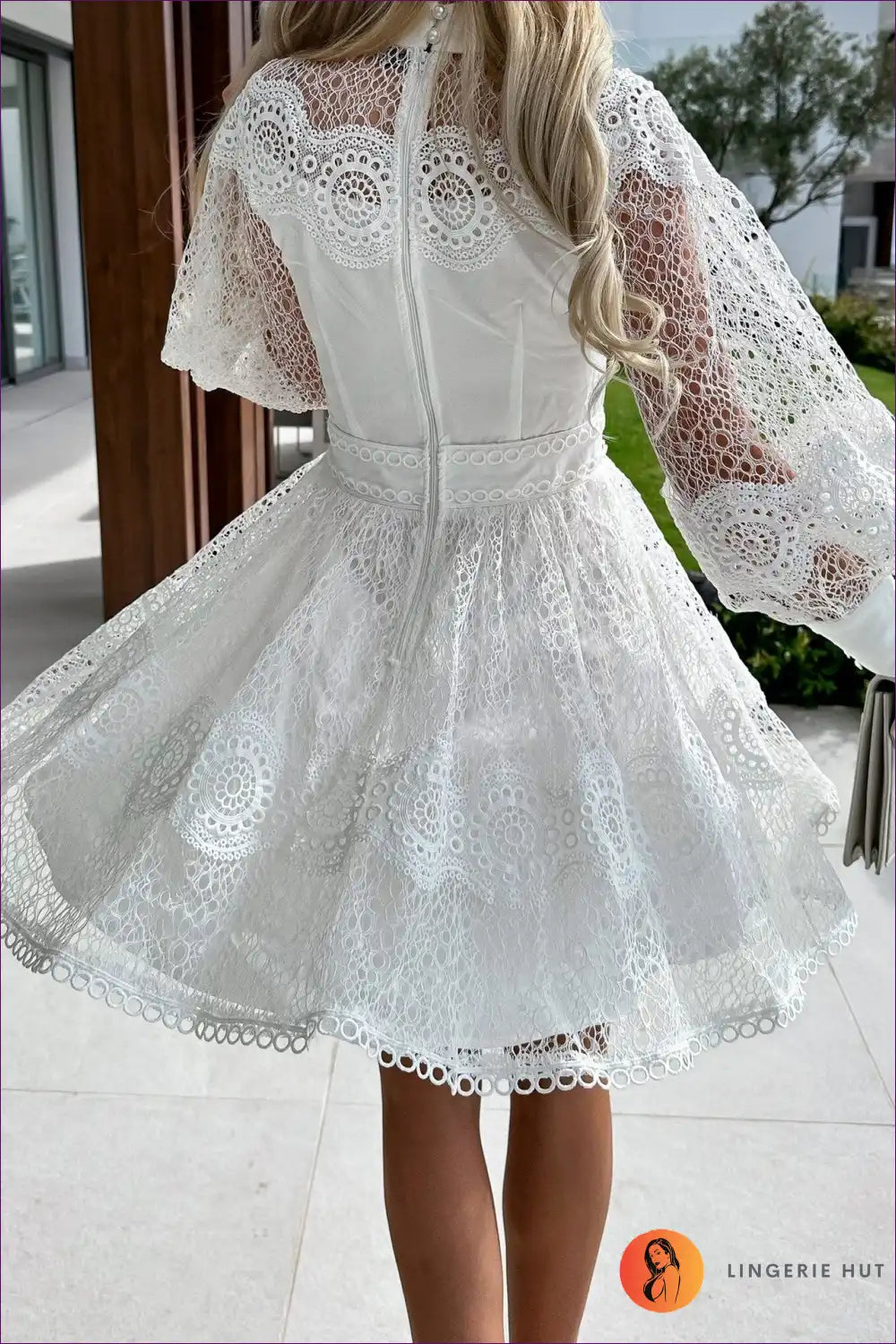 Dress with Eyelet Lace Sleeves - Garden Party Grace for A-line, All Season, Boho, Casual, Cotton