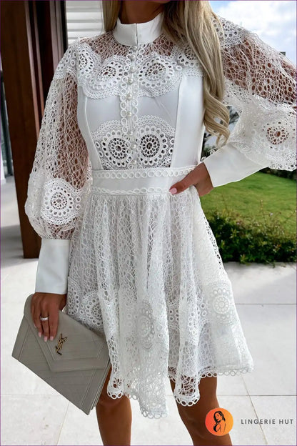 Dress with Eyelet Lace Sleeves - Garden Party Grace for A-line, All Season, Boho, Casual, Cotton
