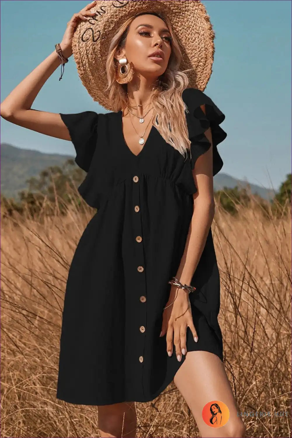 Dress with Flutter Sleeves - Countryside Romance for A-line, Boho, Casual, Cotton,