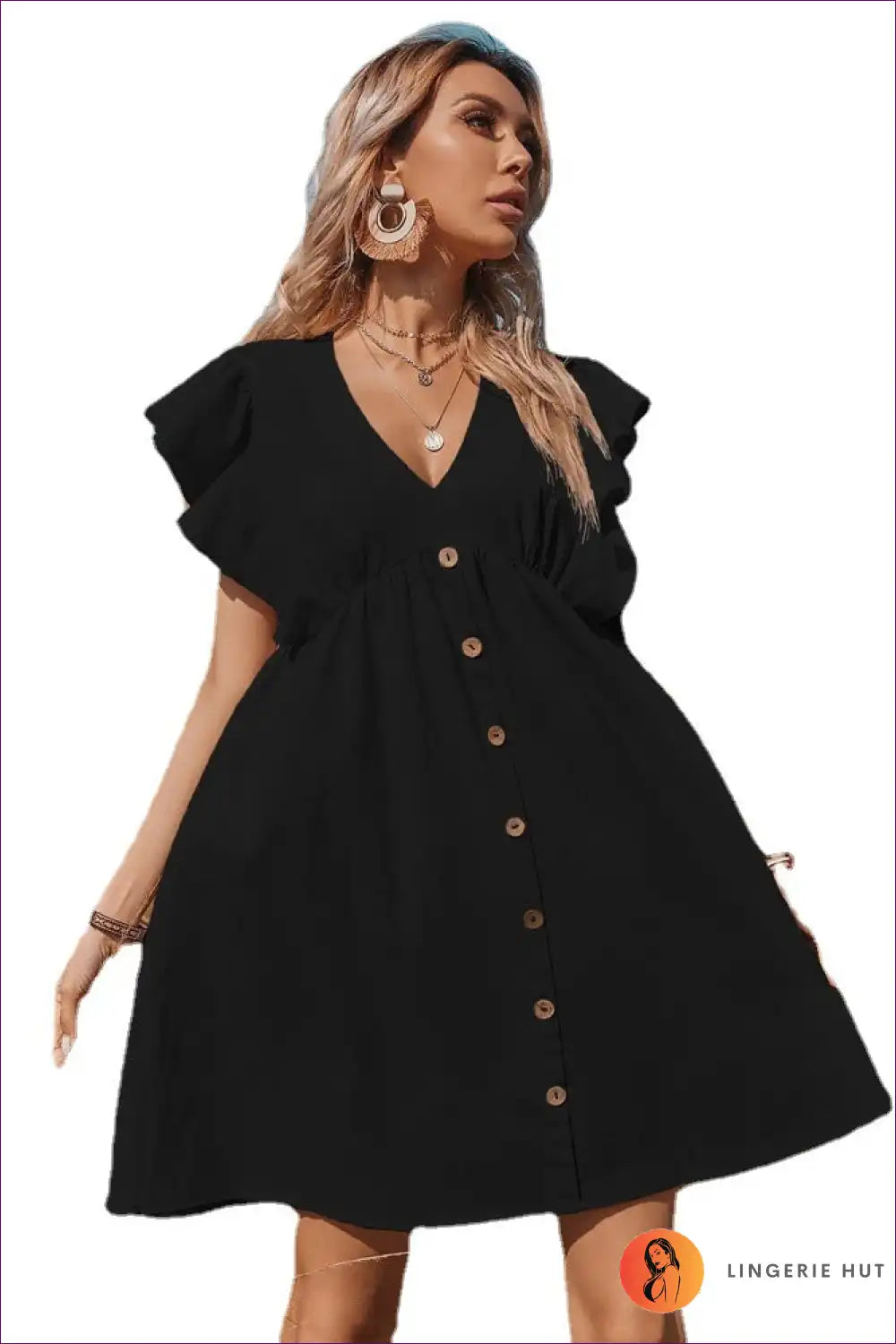 Dress with Flutter Sleeves - Countryside Romance for A-line, Boho, Casual, Cotton,