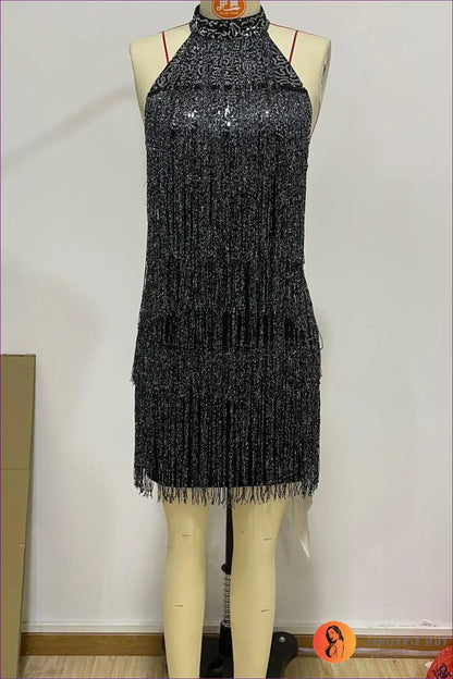 Dress with Fringe Hem - Night out Glamour for All Season, Backless, Bodycon, Clubwear,