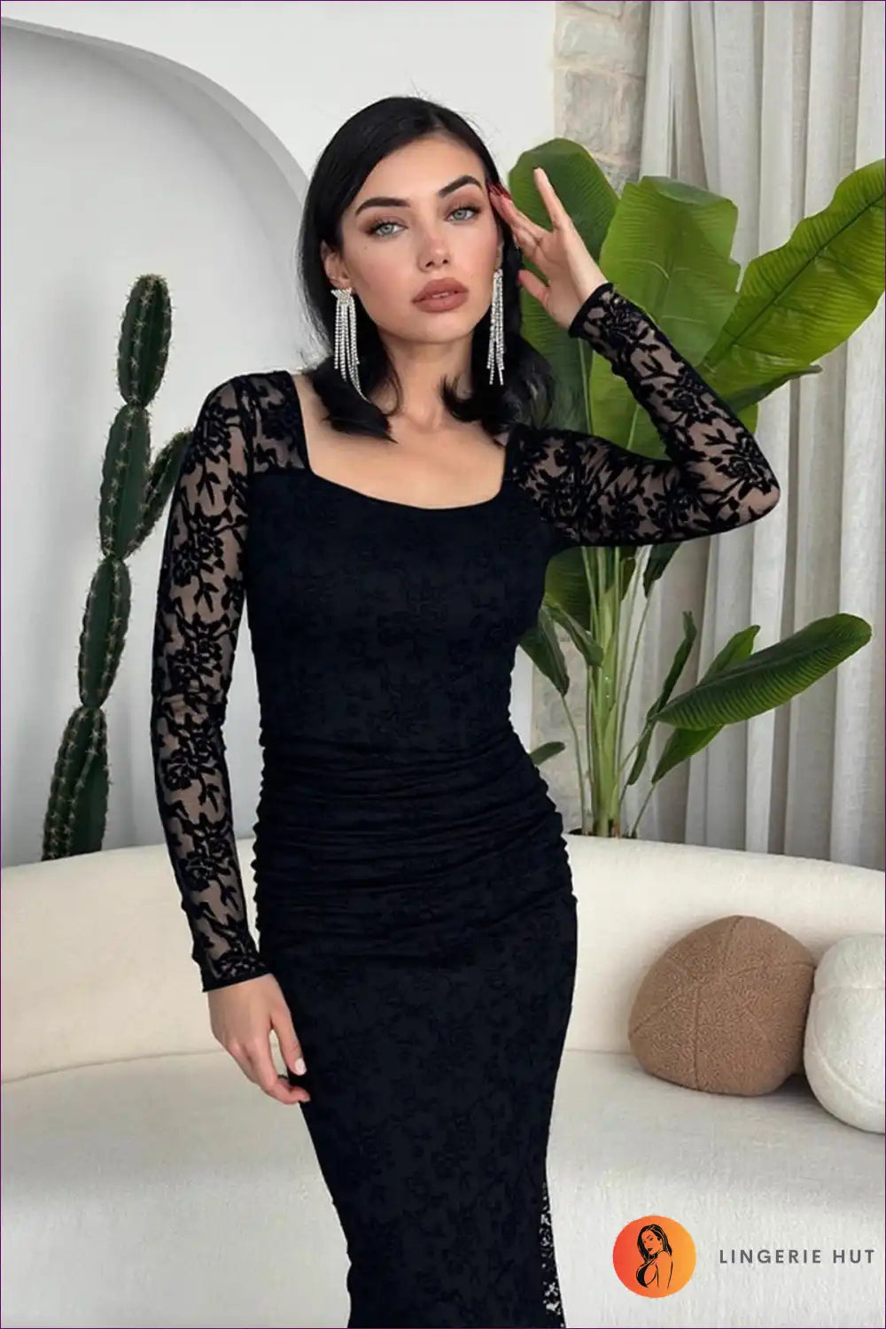 Dress with Lace Sleeves - Romantic Sophistication for Autumn, Bodycon, Date Night, Dress, Evening Wear