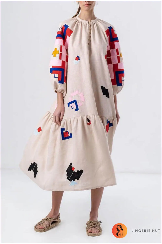 Dress with Lantern Sleeves - Artful Geometric Allure