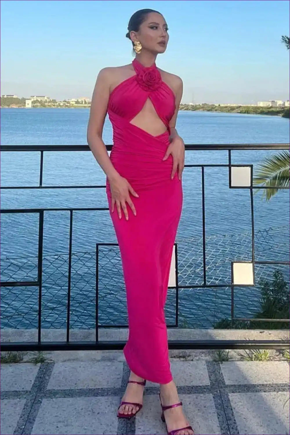 Dress Sexy Floral Stitched Backless Halter Strap Hip for Backless, Bodycon, Clubwear, Halter, Midi