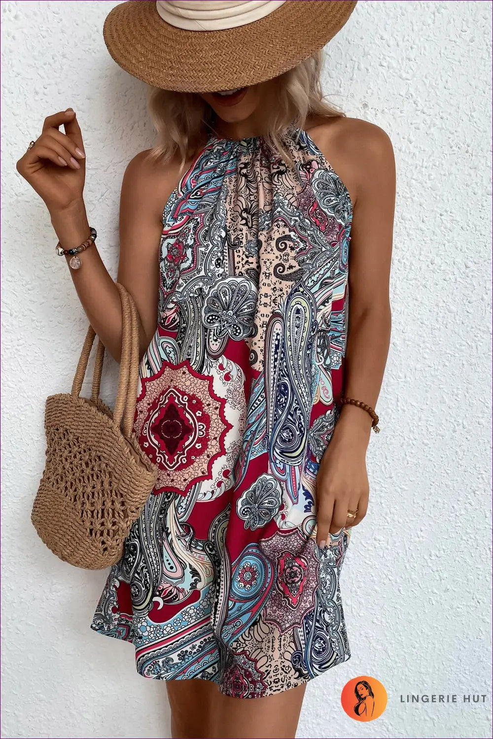 Dusty Pink Geometric Print Tiered Mini Dress - Tie Straps - Boho • Elegant • Everyday • just in - Colorain