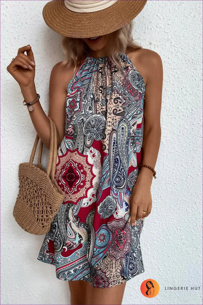 Dusty Pink Geometric Print Tiered Mini Dress - Tie Straps - Boho • Elegant • Everyday • just in - Colorain