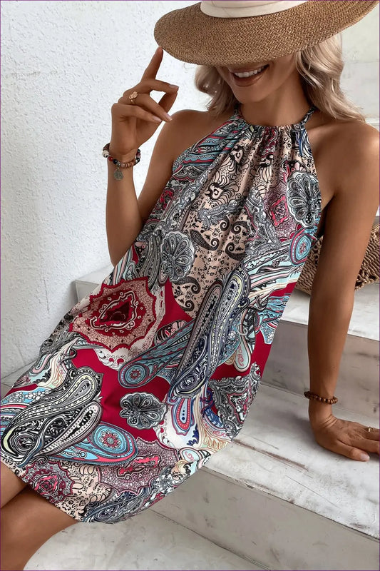 Dusty Pink Geometric Print Tiered Mini Dress - Tie Straps - Boho • Elegant • Everyday • just in - Colorain