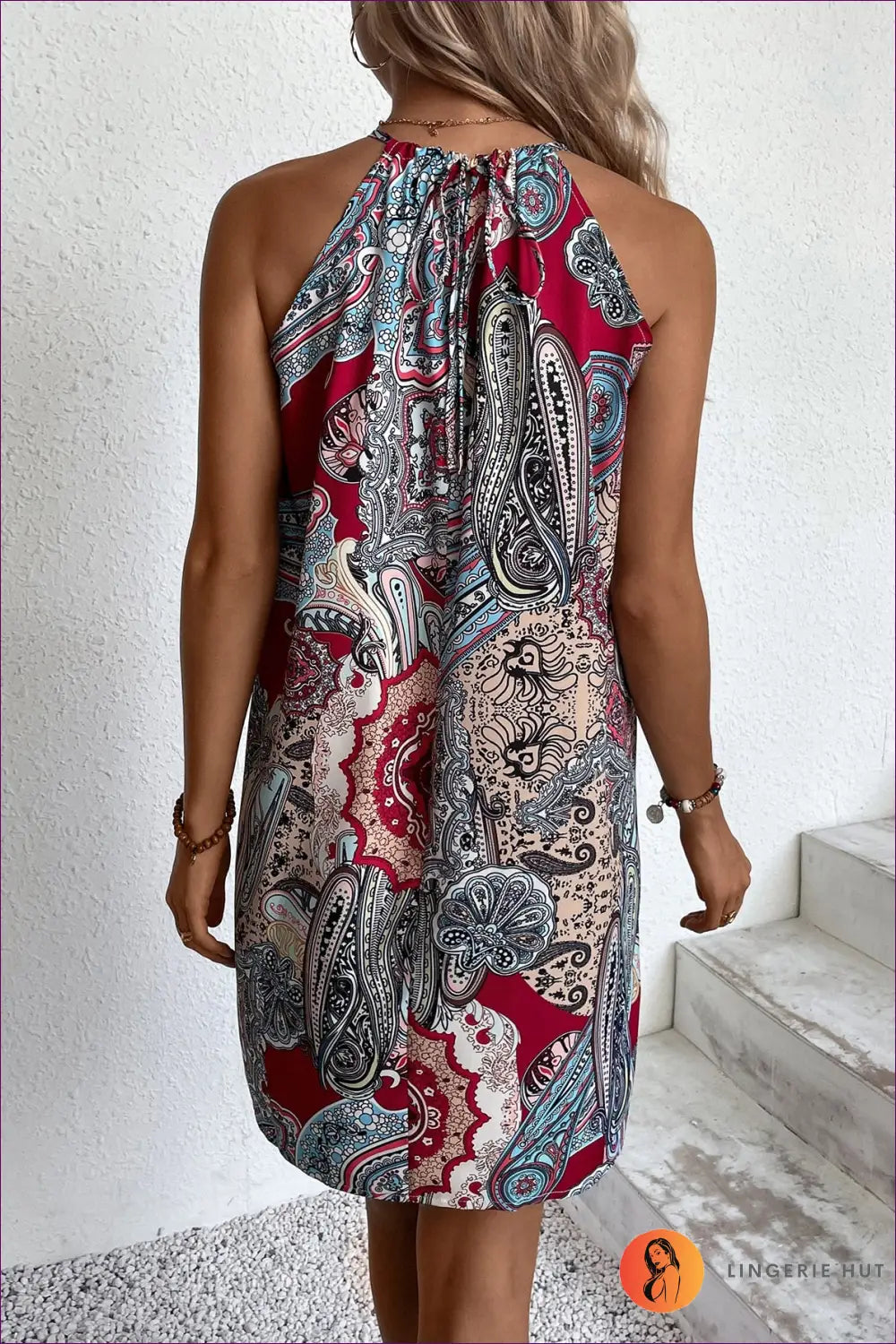 Dusty Pink Geometric Print Tiered Mini Dress - Tie Straps - Boho • Elegant • Everyday • just in - Colorain
