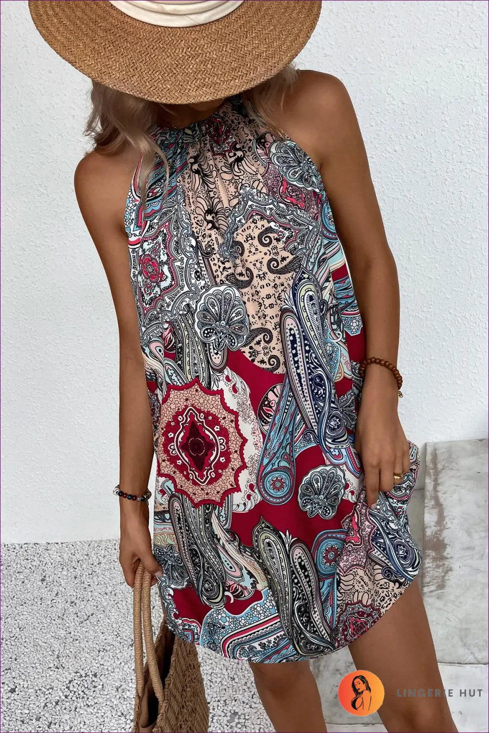 Dusty Pink Geometric Print Tiered Mini Dress - Tie Straps - Boho • Elegant • Everyday • just in - Colorain