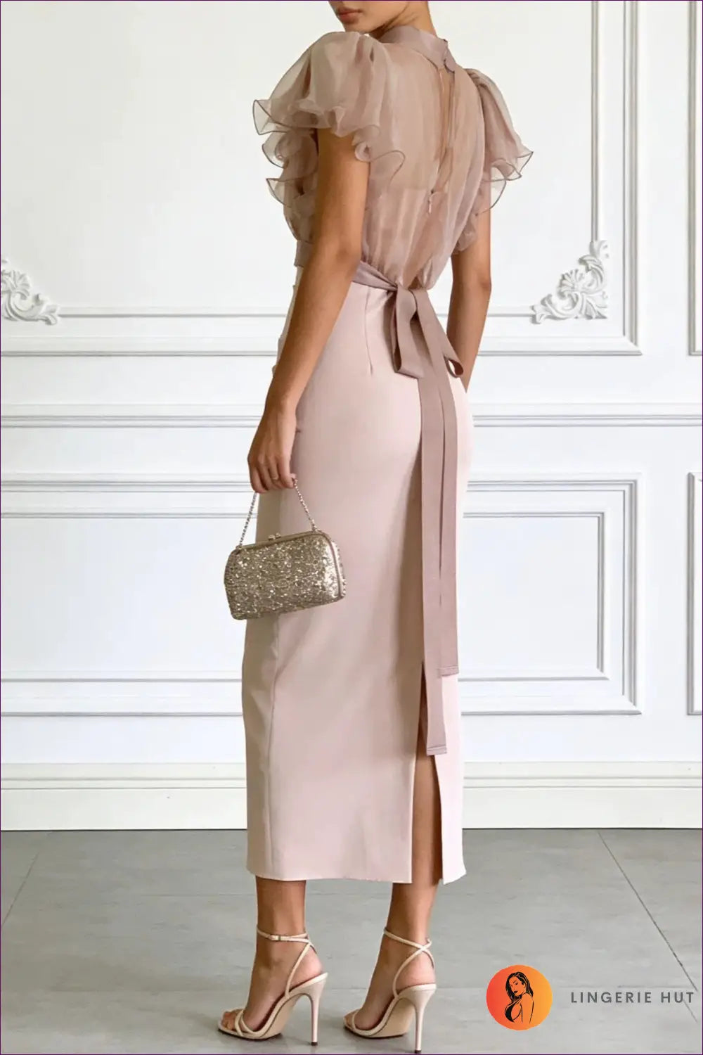 Dusty Rose High-neck Midi Dress - Bodycon • Elegant • Everyday • Fishnet - Venly