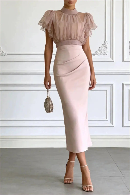 Dusty Rose High-neck Midi Dress - Bodycon • Elegant • Everyday • Fishnet - Venly