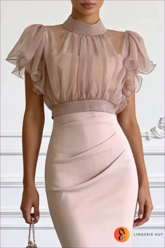 Dusty Rose High-neck Midi Dress - Bodycon • Elegant • Everyday • Fishnet - Venly