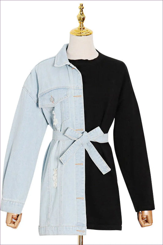 Edgy Denim Sweatshirt Hybrid Jacket - Dual-tone Chic for Casual, Denim, Everyday, Glamour, Jackets