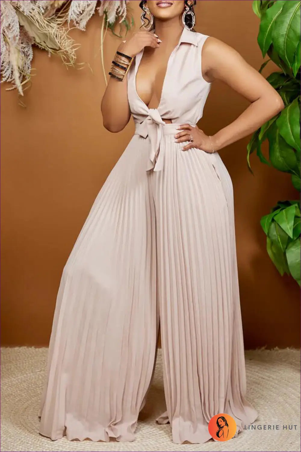 Elevate Your Summer Style With Our Effortless Elegance V-neck Collared Wide-leg Jumpsuit. Crafted For