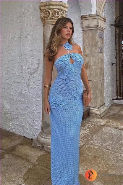 Elegant Blue Crochet Maxi Dress - Boho Chic for Boho, Casual, Crochet, Date Night,