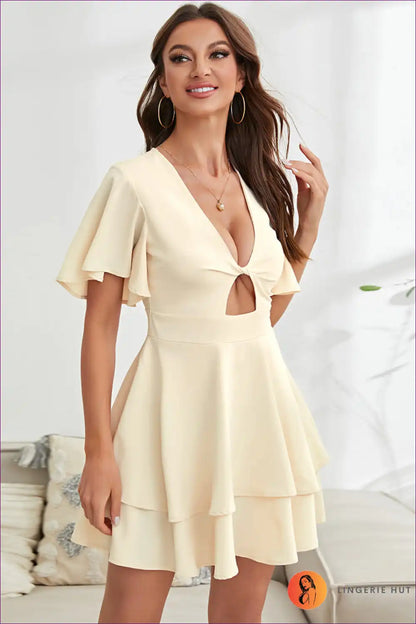 Tep Into The Limelight With This Elegant Cutout Waist Tiered Ruffle Dress. Featuring a Unique Twisted Element