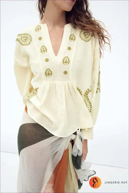 Edefine Sophistication With Our Elegant Floral Embroidery Long Sleeve V-neck Shirt. Versatile, Comfortable,