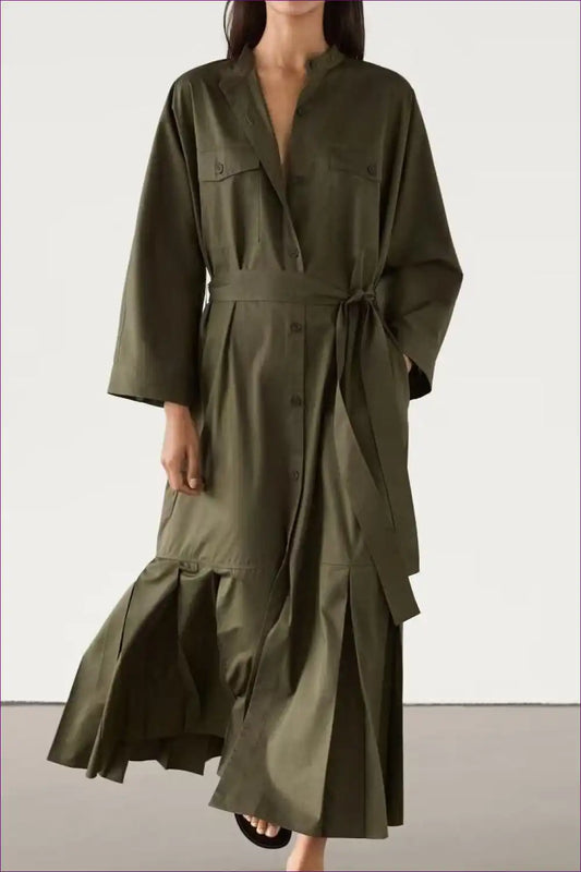 Elegant Khaki Maxi Wrap Dress - Effortless Style Meets Comfort for a Line, Casual, Cotton, Dress, Everyday