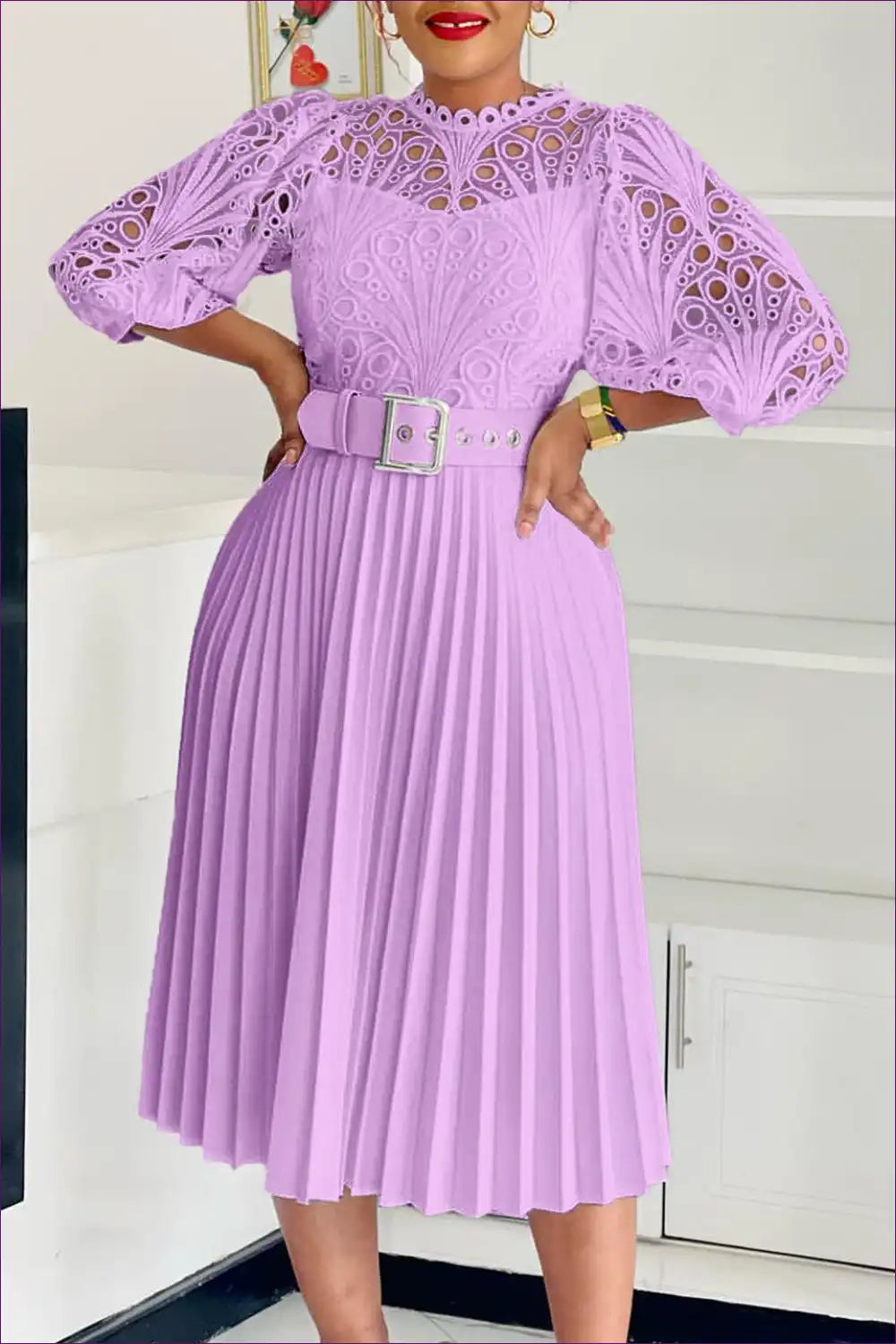 Elegant Lilac Lace Midi Dress - Chic and Sophisticated for A-line, Casual, Dress, Glamour,