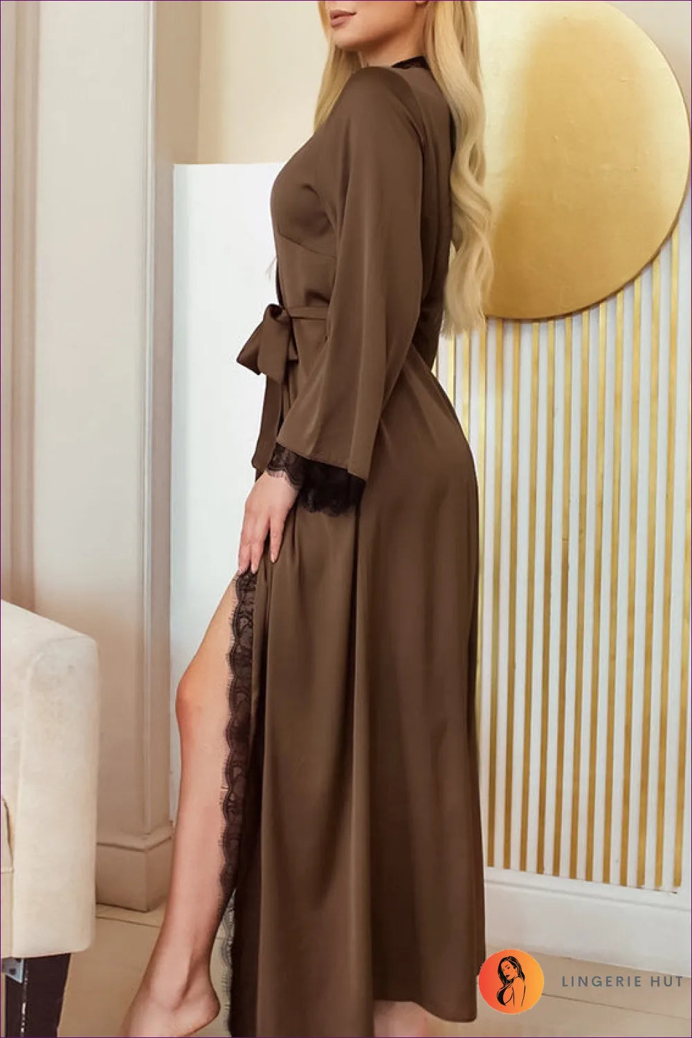Indulge In Luxury With Our Elegant Long Sleeve Belted Nightgown. Sleeves, Lace Trim. Elevate Your Sleepwear