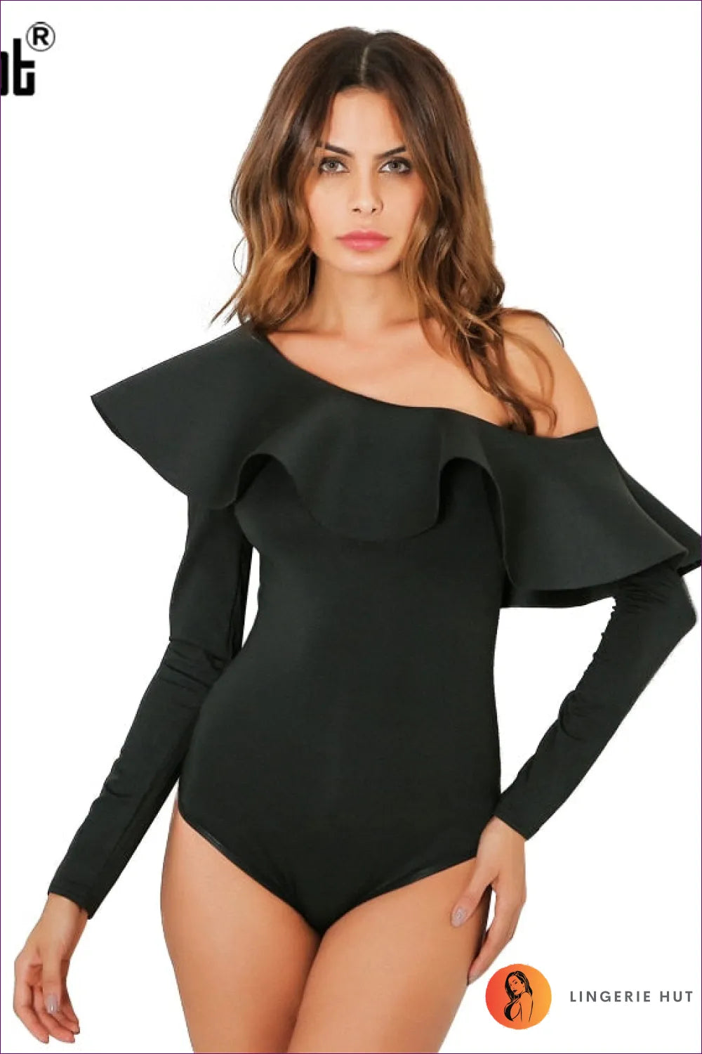 Discover Timeless Elegance With Our Elegant Long Sleeve Black Bodysuit. Ruffled Shoulders, High Waist, And In