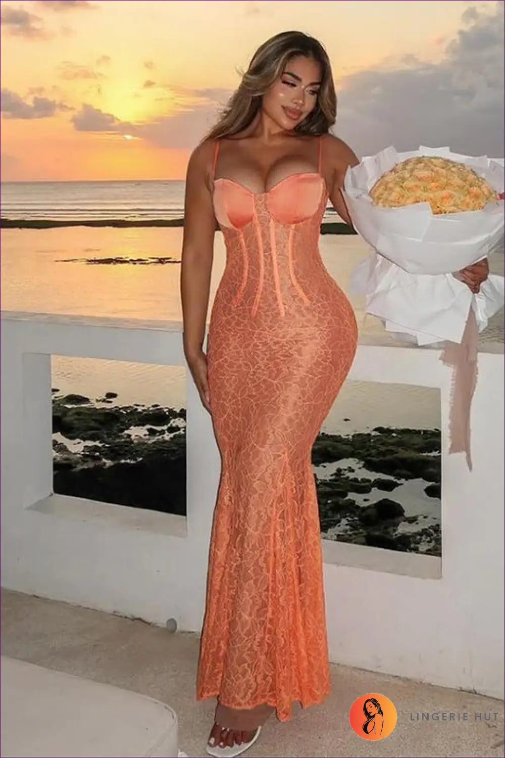 Elegant Orange Lace Mermaid Dress ?? Sunset Glam for Dress, Glamour, Lace, Maxi,