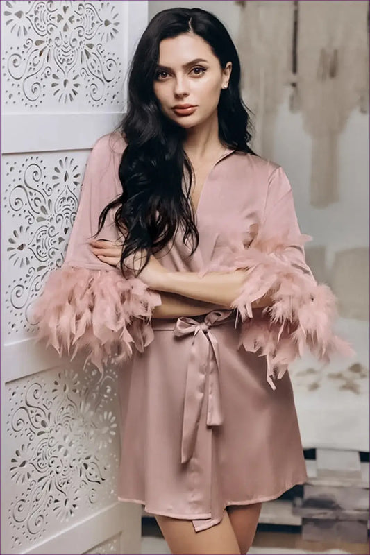 Enhance Your Wardrobe With Our Satin Feather Trim Belted Robe. Crafted From Soft Satin Feather Trim, It’s