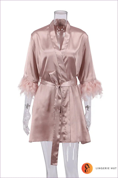 Enhance Your Wardrobe With Our Satin Feather Trim Belted Robe. Crafted From Soft Satin Feather Trim, It’s