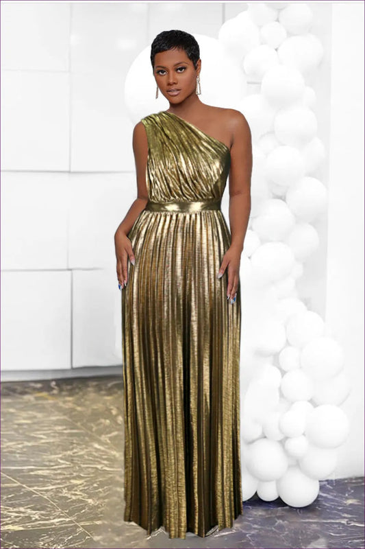 Upgrade Your Style Game With Our Elegant One Shoulder Maxi Dress! Perfect For Formal Occasions, This Satin