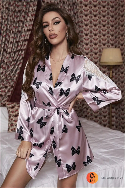 Indulge In Luxury With Our Elegant Silk Satin Pyjama Set With Bow Print. Soft, Elegant, And Perfect For