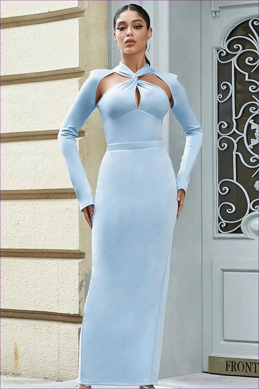 Elegant Sky Blue Cut-out Gown - Luxe Style