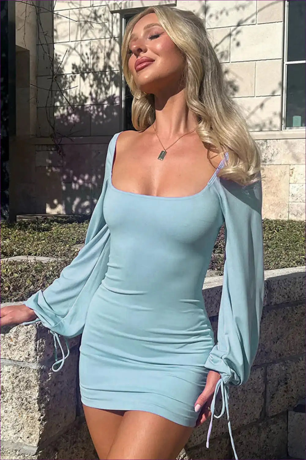 Elegant Sky Blue Mini Dress with Statement Sleeves - Perfect for Summer Chic Bodycon, Dress, Glamour, Mini,