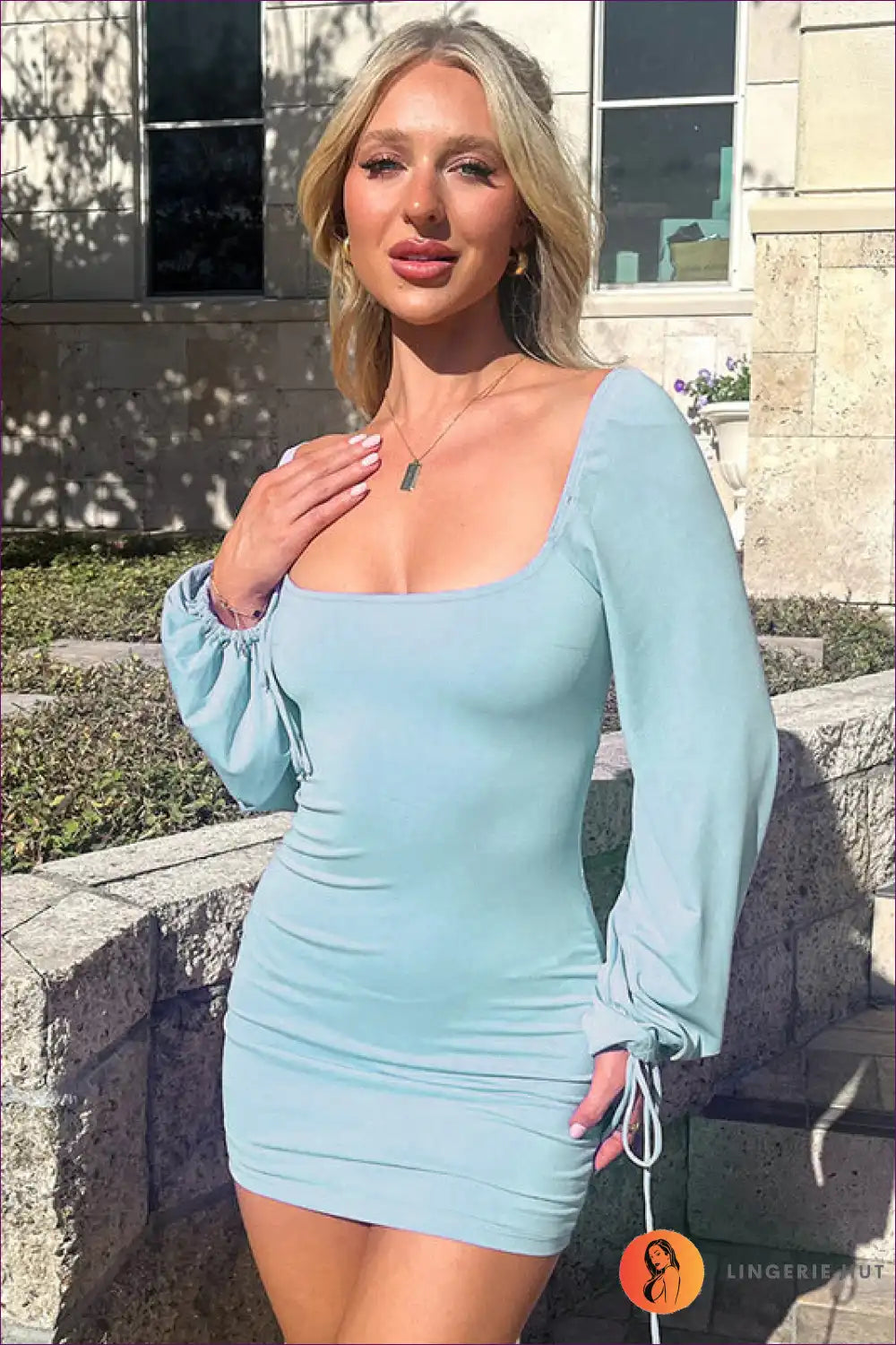 Elegant Sky Blue Mini Dress with Statement Sleeves - Perfect for Summer Chic Bodycon, Dress, Glamour, Mini,