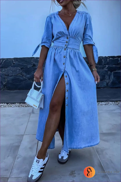 Elegant Split Denim Maxi Dress – Effortless Elegance