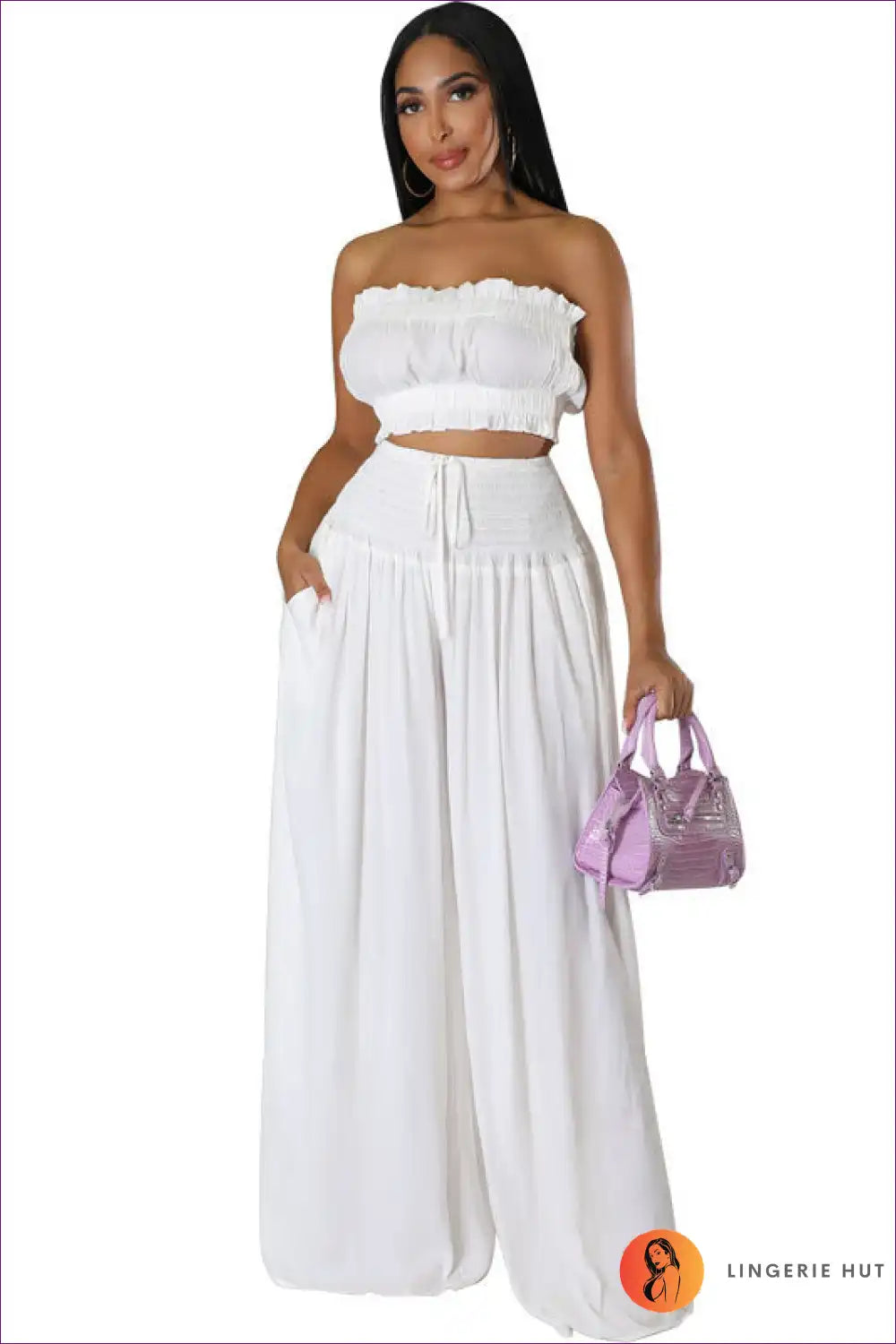 Capture Summer Elegance With Our Elegant Strapless Crop Top And High Rise Ruffle Pants Set. Exude Grace