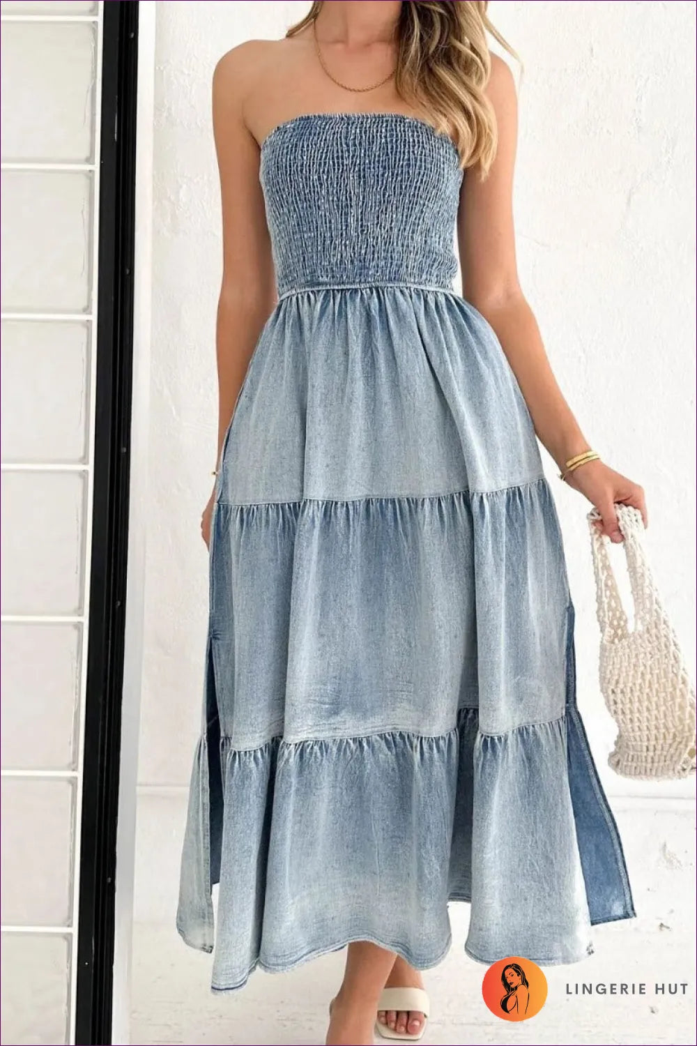 Elegant Strapless Denim Tiered Dress – Summer Chic For x