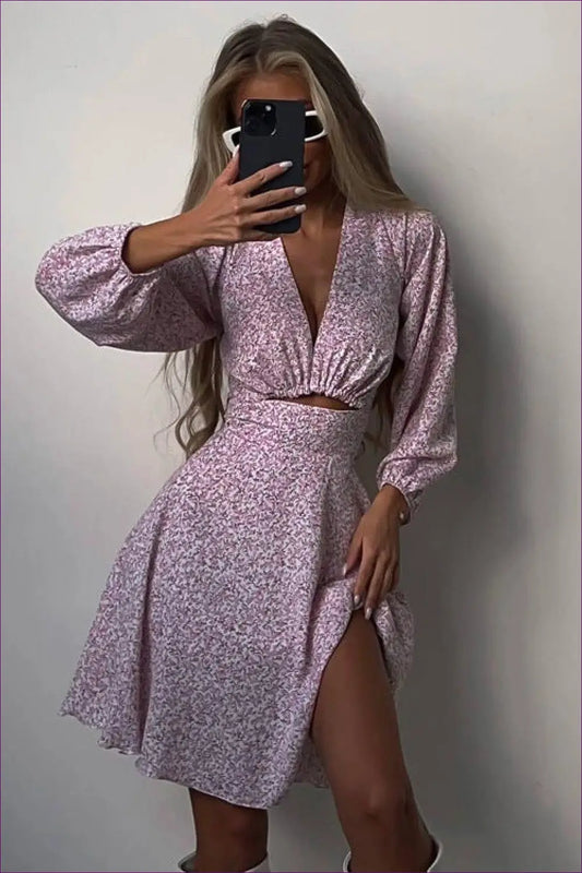 V-neck Mini Dress with Long Sleeves - Effortless Elegance - Dresses - Lingerie Hut - Backless • Casual • Everyday