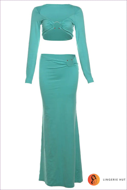 Elegant Teal Two-piece Set Chic Crop Top & Maxi Skirt for Clubwear, co Ord, Crop, Cutout, Glamour