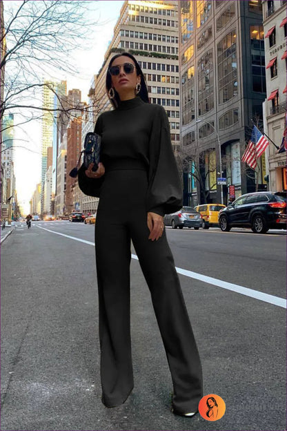 Step Into Sophistication With Our Elegant Turtleneck Jumpsuit Featuring Lantern Sleeves And Chic Button