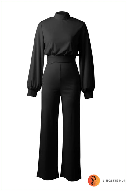Step Into Sophistication With Our Elegant Turtleneck Jumpsuit Featuring Lantern Sleeves And Chic Button